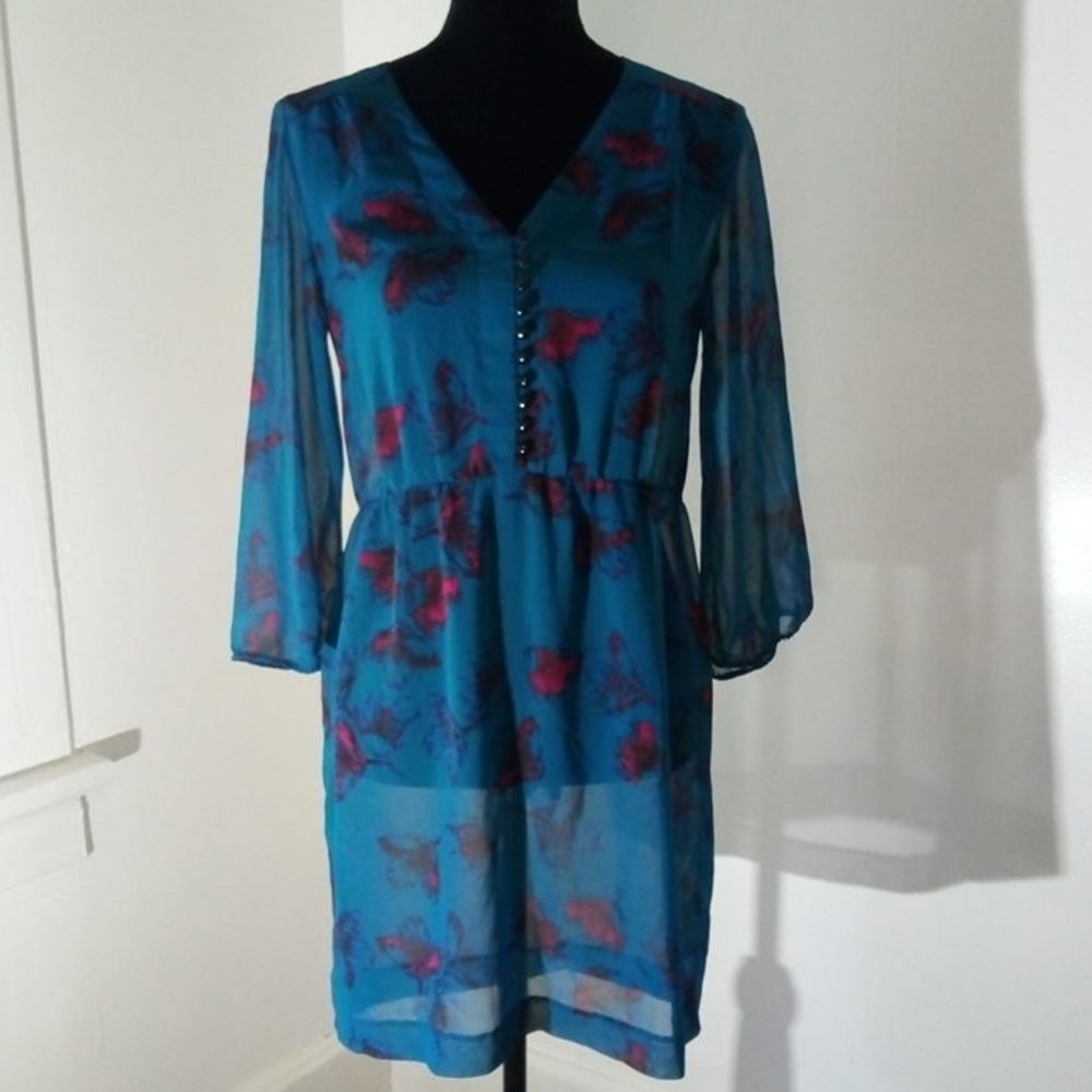 Kensie Teal Magenta Floral Print Dress Sheer